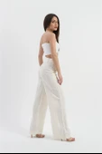 Yüksek Bel Bol Paça Keten Pantolon - Ekru thumbnail 3