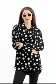 Düşük Kol Puantiye Desen Saten Gömlek - Siyah-Ekru thumbnail 1