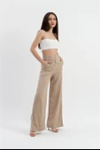 Yüksek Bel Bol Paça Keten Pantolon - Vizon thumbnail 2