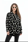 Düşük Kol Puantiye Desen Saten Gömlek - Siyah-Ekru thumbnail 4