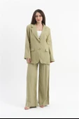 Yüksek Bel Bol Paça Keten Pantolon - Yağ Yeşili thumbnail 3
