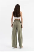 Parlak Keten Cepli Beli Lastikli Pantolon - Haki thumbnail 6