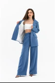 Kruvaze Yaka Parlak Keten Blazer Ceket - İndigo thumbnail 6