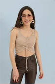 Atlet Önü Büzgülü Crop - Bej thumbnail 1