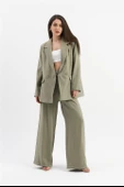 Kruvaze Yaka Parlak Keten Blazer Ceket - Haki thumbnail 1