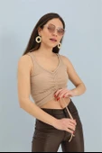 Atlet Önü Büzgülü Crop - Bej thumbnail 2