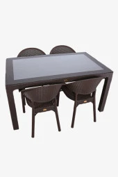 Almina Rattan Masa Takımı 90x150 Camlı Masa 4 Kişilik Bambu Sandalye Seti Bahçe Balkon Teras Takımı thumbnail 1