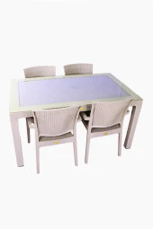 Almina Rattan Masa Takımı 90x150 Camlı Masa 4 Kişilik Rattan Sandalye Seti Bahçe Balkon Teras Takımı - 1