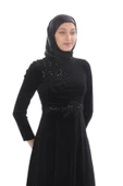 Aplike Detaylı Kadife Tesettür Abiye Elbise 694-Siyah - 3