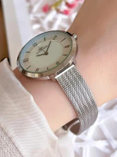 FERRO Silver Hasır Kordonlu Renk Atmaz 30 Metre Suya Dayanıklı Özel Tasarım Kadın KolSaati 1908 thumbnail 3