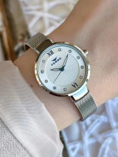 FERRO Silver Hasır Kordonlu Renk Atmaz 30 Metre Suya Dayanıklı Özel Tasarım Kadın KolSaati 1618AB thumbnail 1