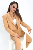 Çift Peto Cepli Kısa Crop Blazer Ceket - Camel - 3