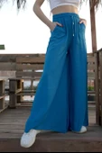 Geniş Kemerli Bol Paça Düz Keten Kadın Pantolon - İndigo thumbnail 2