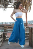 Geniş Kemerli Bol Paça Düz Keten Kadın Pantolon - İndigo thumbnail 3