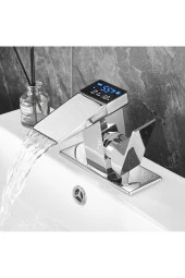 Rena Design Dijital Sıcaklık Göstergeli Krom Lavabo Bataryası Musluğu Çiftgirişli Krom Armatür Sayaç Ekran Yeni - 1