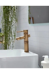 Bambu Model Rustik Antik Lavabo Bataryası Banyo Musluğu Eskitme Lavabo Armatür Otantik Bakır Görünüm - 1