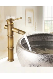 Bambu Model Rustik Antik Lavabo Bataryası Banyo Çanak Musluğu Eskitme Lavabo Armatür Otantik Bakır - 1