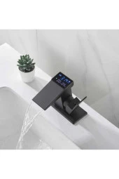 Dijital Sıcaklık Göstergeli Siyah Kare Lavabo Bataryası Musluğu Çiftgirişli Armatür Sayaç Ekranlı - 2