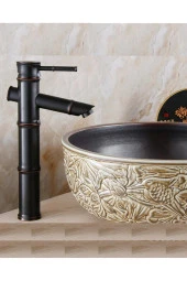 Bambu Model Rustik Siyah Antik Lavabo Bataryası Banyo Çanak Musluk Mat Siyah Lavabo Armatür Otantik - 3