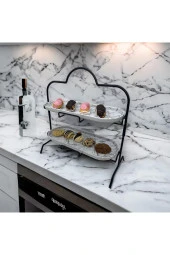 2 Katlı Beyaz Gümüş Zemin Mermer Desenli Melamin 13x32cm Metal Sunum Standı – İkram ve Servis İçin Model 1 Siyah - 1