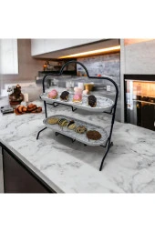 2 Katlı Beyaz Gümüş Zemin Mermer Desenli Melamin 13x32cm Metal Sunum Standı – İkram ve Servis İçin Model 1 Siyah - 7