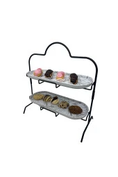 2 Katlı Beyaz Gümüş Zemin Mermer Desenli Melamin 13x32cm Metal Sunum Standı – İkram ve Servis İçin Model 1 Siyah - 9