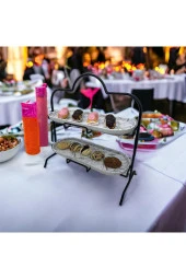 2 Katlı Beyaz Gümüş Zemin Mermer Desenli Melamin 13x32cm Metal Sunum Standı – İkram ve Servis İçin Model 1 Siyah - 11