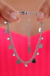 Kadın Kalp Figürlü Zirkon Taşlı Çelik Bileklik Gümüş Renk thumbnail 3