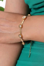 Kadın Zirkon Taşlı Yassı Zincir  Çelik Bileklik thumbnail 1