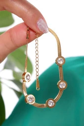 Kadın Zirkon Taşlı Yassı Zincir  Çelik Bileklik thumbnail 3