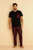 Kutulu- Premium Pamuklu Kısa Kollu Erkek Pijama Takımı- Ekose Babalar Günü Hediyesi - 4