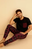 Kutulu- Premium Pamuklu Kısa Kollu Erkek Pijama Takımı- Ekose Babalar Günü Hediyesi - 5