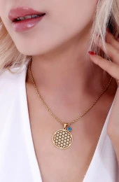 Kadın Nazar Boncuklu  Yaşam Çiçeği Çelik Kolye Gold thumbnail 2