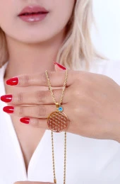 Kadın Nazar Boncuklu  Yaşam Çiçeği Çelik Kolye Gold thumbnail 5