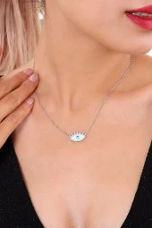 Kadın Gümüş Renk Sedefli Göz Nazar Boncuğu Çelik Zincir Kolye thumbnail 1