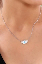 Kadın Gümüş Renk Sedefli Göz Nazar Boncuğu Çelik Zincir Kolye thumbnail 2