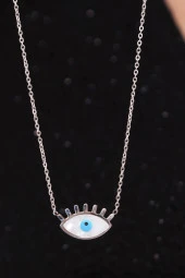 Kadın Gümüş Renk Sedefli Göz Nazar Boncuğu Çelik Zincir Kolye thumbnail 3