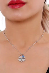 Kadın Gümüş  Nazar Boncuğu Yonca Çelik Kolye thumbnail 1