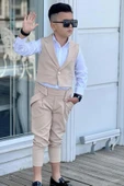 Erkek Çocuk Düğme Detaylı Yelek ve Boydan Düğmeli Bej Alt Üst Takım thumbnail 3