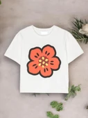 Çiçek Baskılı Oversize Kız Çocuk Tişört - 1