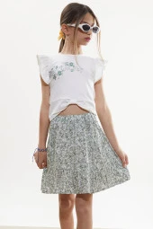 Haki Çiçek Desenli Etekli Baskılı Tişörtlü Kız Çocuk Takım 18502 - 1