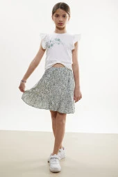 Haki Çiçek Desenli Etekli Baskılı Tişörtlü Kız Çocuk Takım 18502 - 3