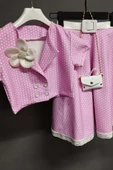 Kız Çocuk Puantiyeli Düğme Detaylı Pembe Etekli Takım thumbnail 2