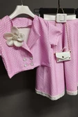 Kız Çocuk Puantiyeli Düğme Detaylı Pembe Etekli Takım thumbnail 6