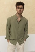Slim Fit Dar Kalıp Uzun Kol Hakim Yaka Pamuklu Keten Efekt Gömlek - 2