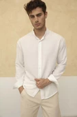 Slim Fit Dar Kalıp Uzun Kol Hakim Yaka Pamuklu Keten Efekt Gömlek - 9