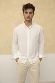 Slim Fit Dar Kalıp Uzun Kol Hakim Yaka Pamuklu Keten Efekt Gömlek - 7