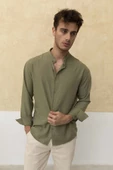 Slim Fit Dar Kalıp Uzun Kol Hakim Yaka Pamuklu Keten Efekt Gömlek - 4