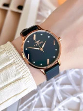 Ferro Deri Kordonlu Kararma Renk Atmaz 30 Metre Suya Dayanıklı Özel Tasarım Kadın KolSaati 1927BWT thumbnail 1