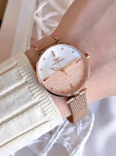 FERRO Rose Hasır Kordonlu Renk Atmaz 30 Metre Suya Dayanıklı Özel Tasarım Kadın KolSaati 1224CWT-C thumbnail 1